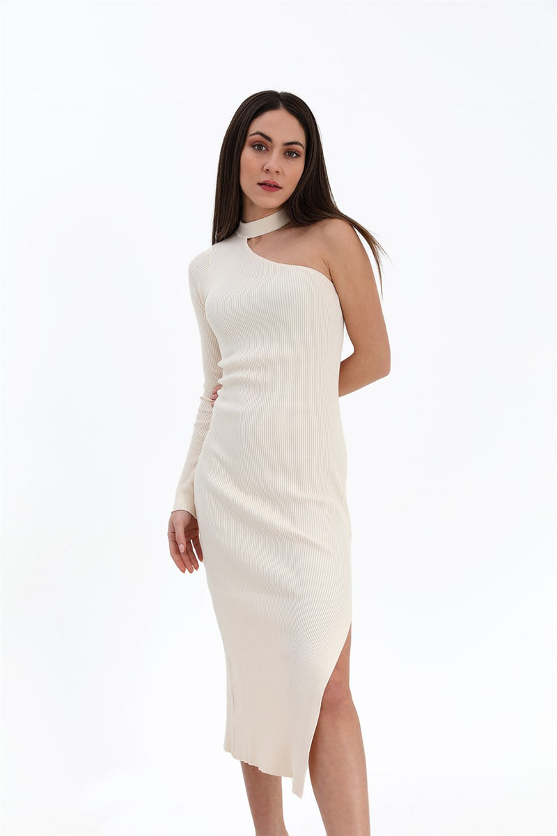 Women's One-Shoulder Sweater Dress - Ecru - STREETMODE™