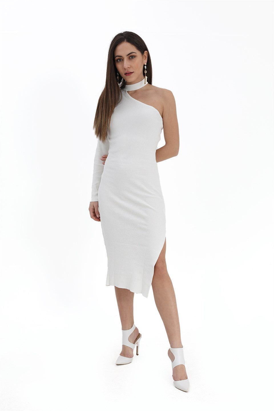 Women's One-Shoulder Sweater Dress - White - STREETMODE™