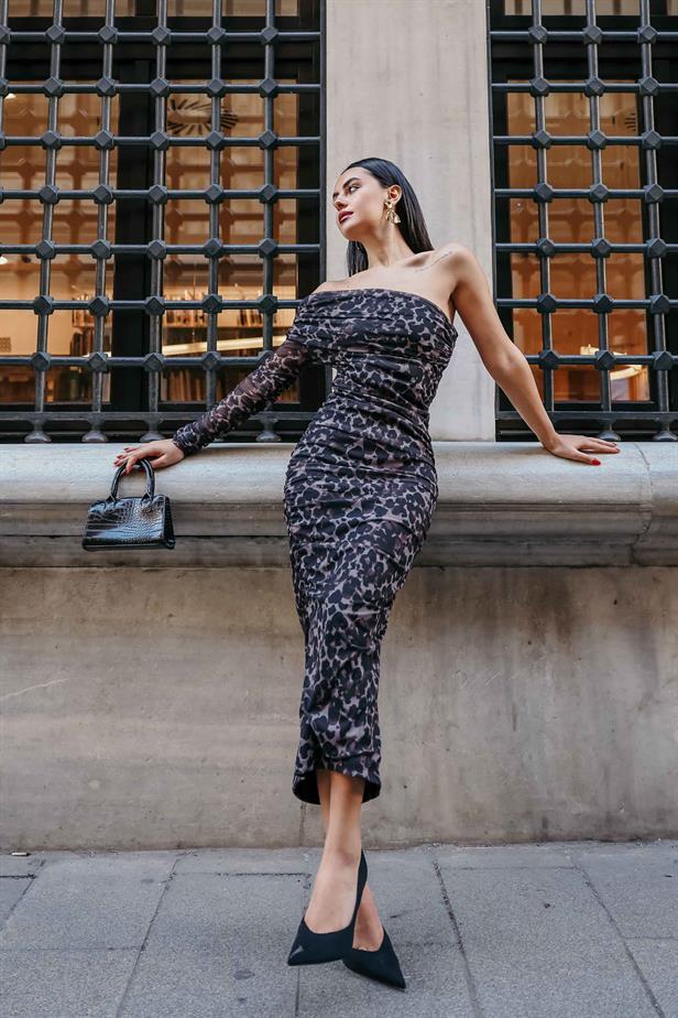 Women's One Sleeve Detailed Dress Leopard Pattern - STREETMODE™