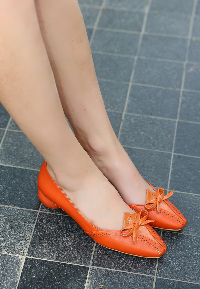 Women's Orange Leather Heeled Shoes - STREETMODE™