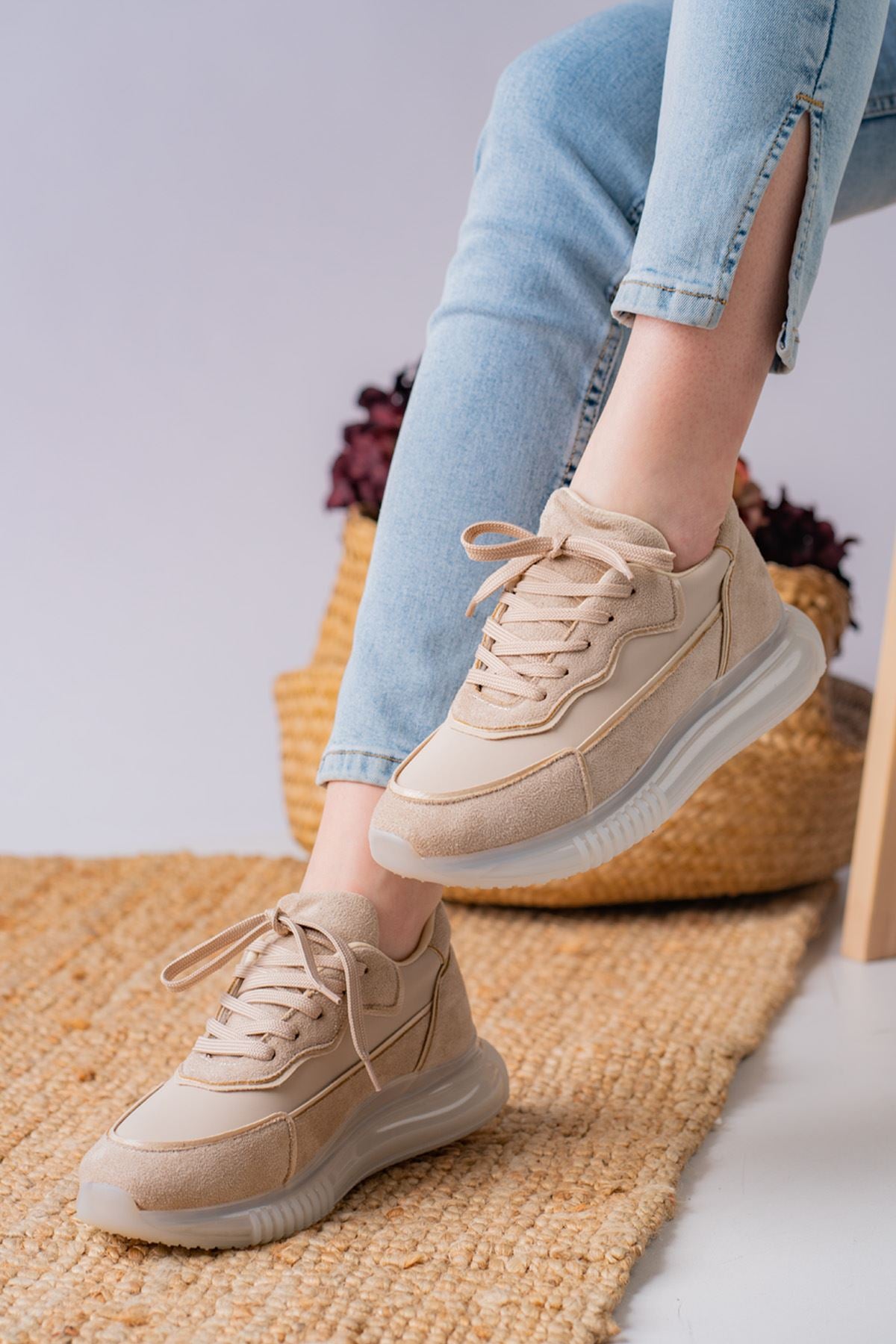 Women's Orcena Beige Suede Mesh Detailed Thick Sole Sneakers Shoes - STREETMODE™