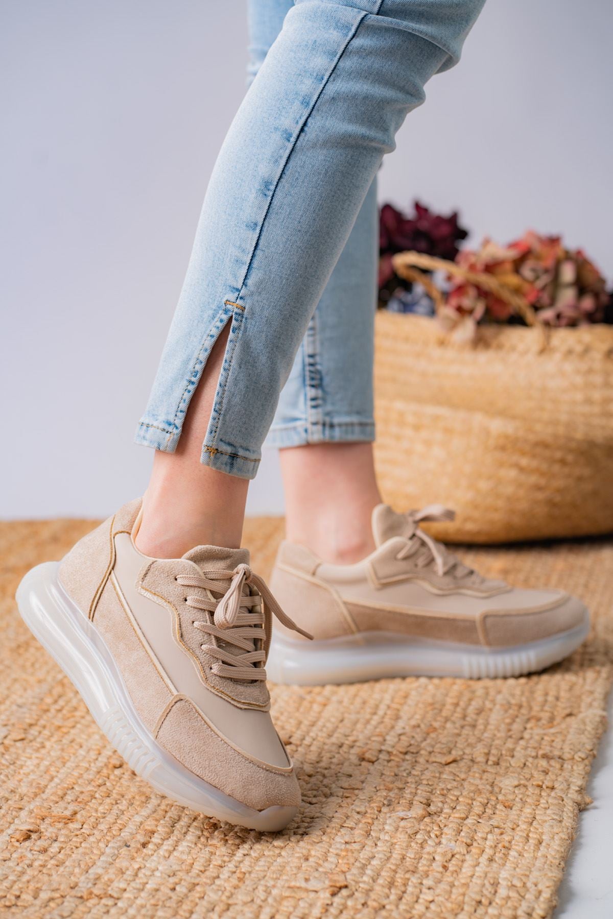 Women's Orcena Beige Suede Mesh Detailed Thick Sole Sneakers Shoes - STREETMODE™