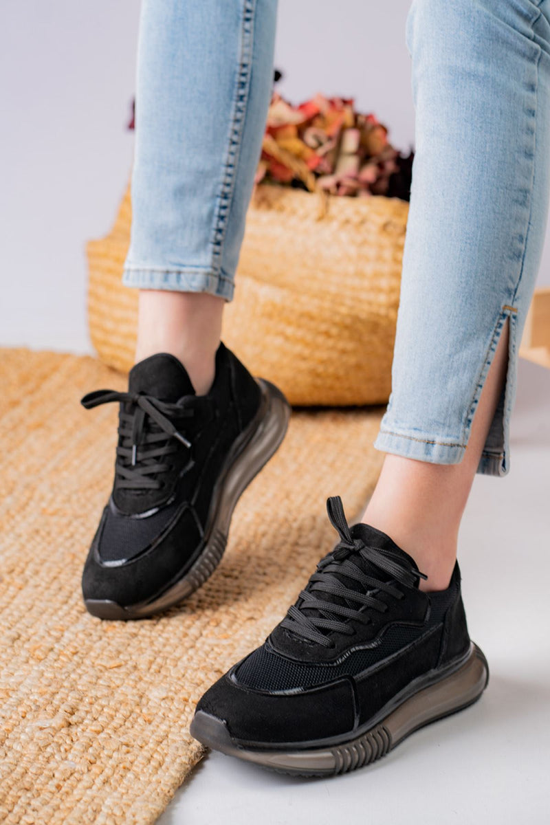 Women's Orcena Black Suede Mesh Detailed Thick Sole Sneakers Shoes - STREETMODE™
