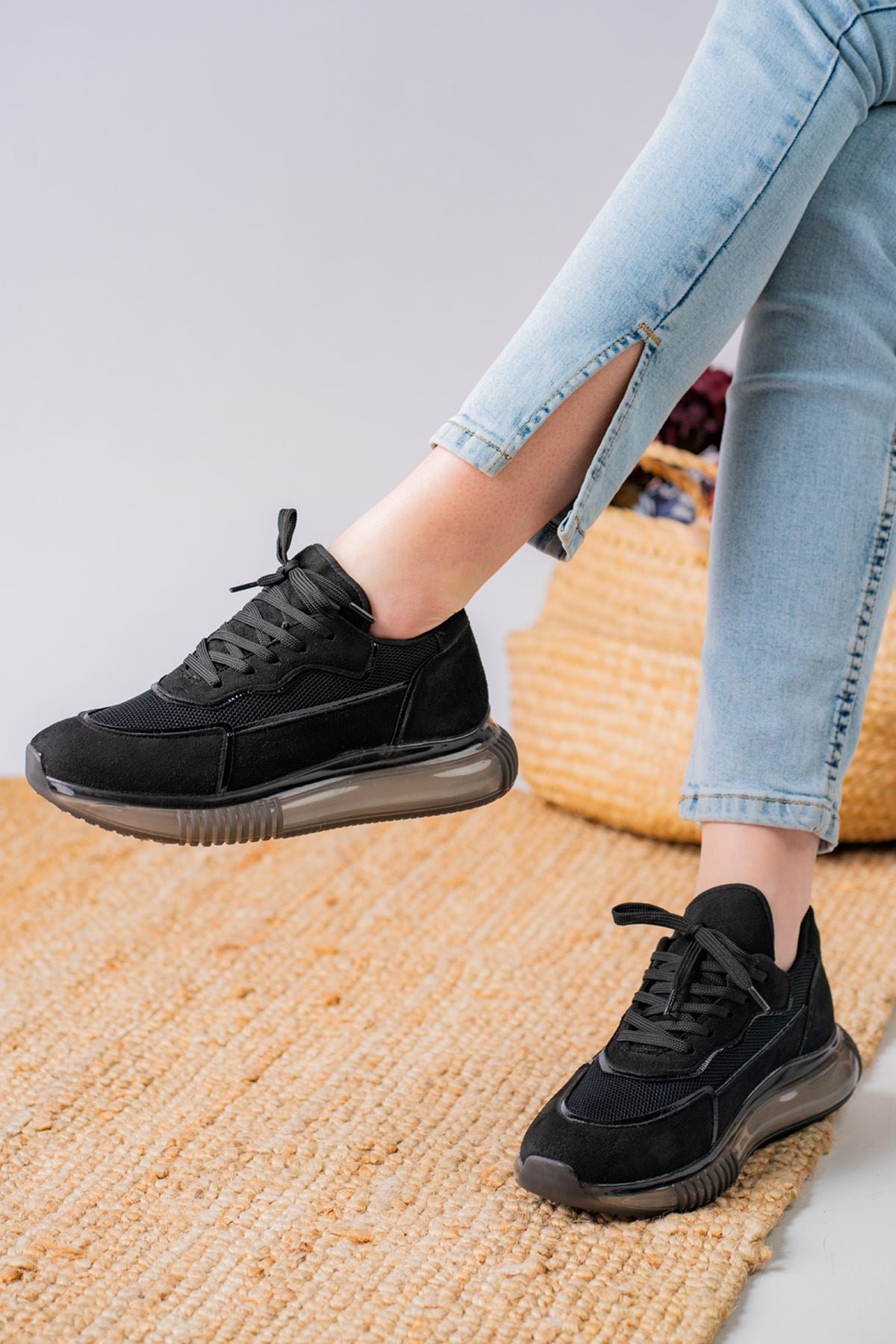 Women's Orcena Black Suede Mesh Detailed Thick Sole Sneakers Shoes - STREETMODE™