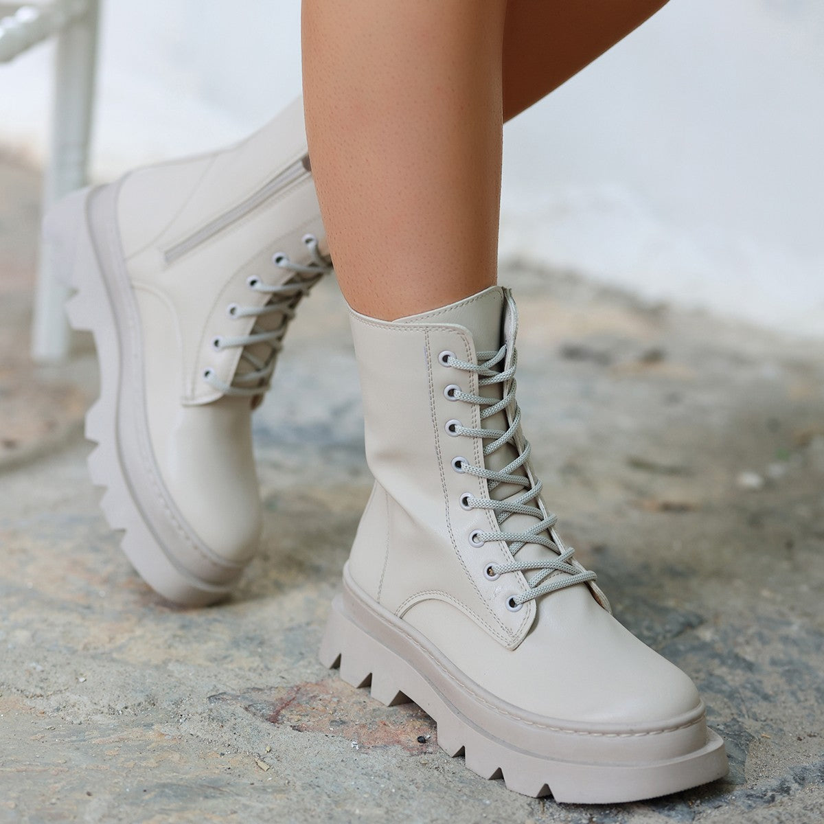 Women's Orge Beige Leather Laced Boots - STREETMODE™