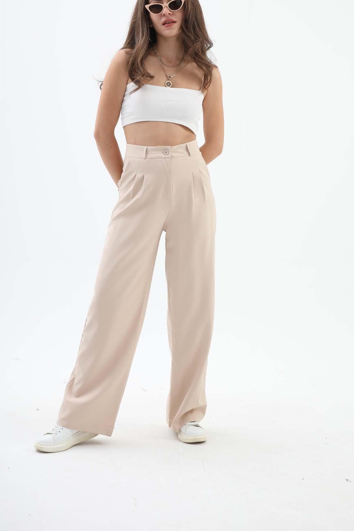 Women's Palazzo Fabric Trousers - Beige - STREETMODE™