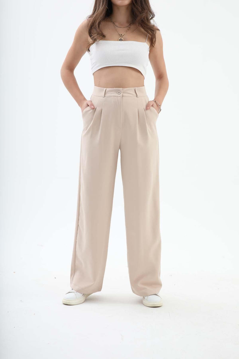 Women's Palazzo Fabric Trousers - Beige - STREETMODE™