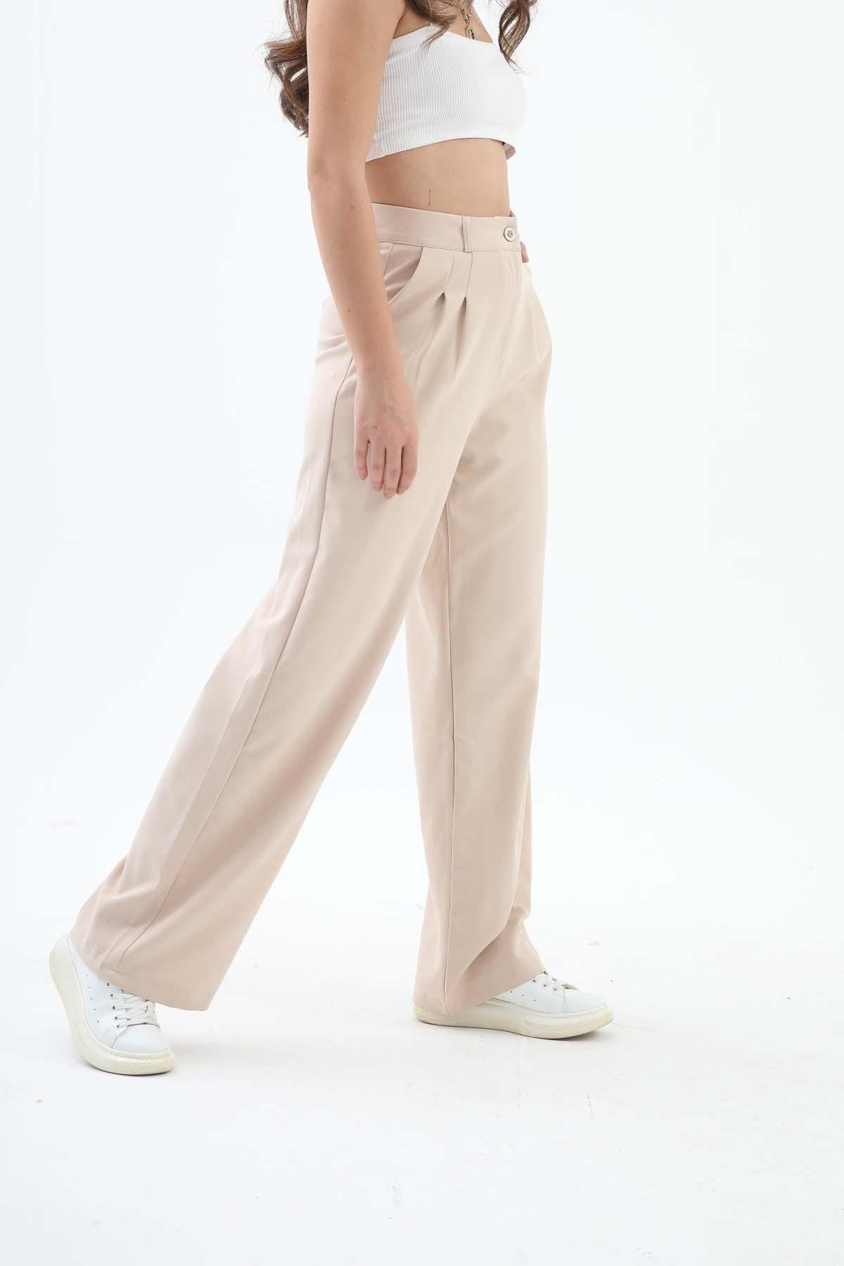 Women's Palazzo Fabric Trousers - Beige - STREETMODE™