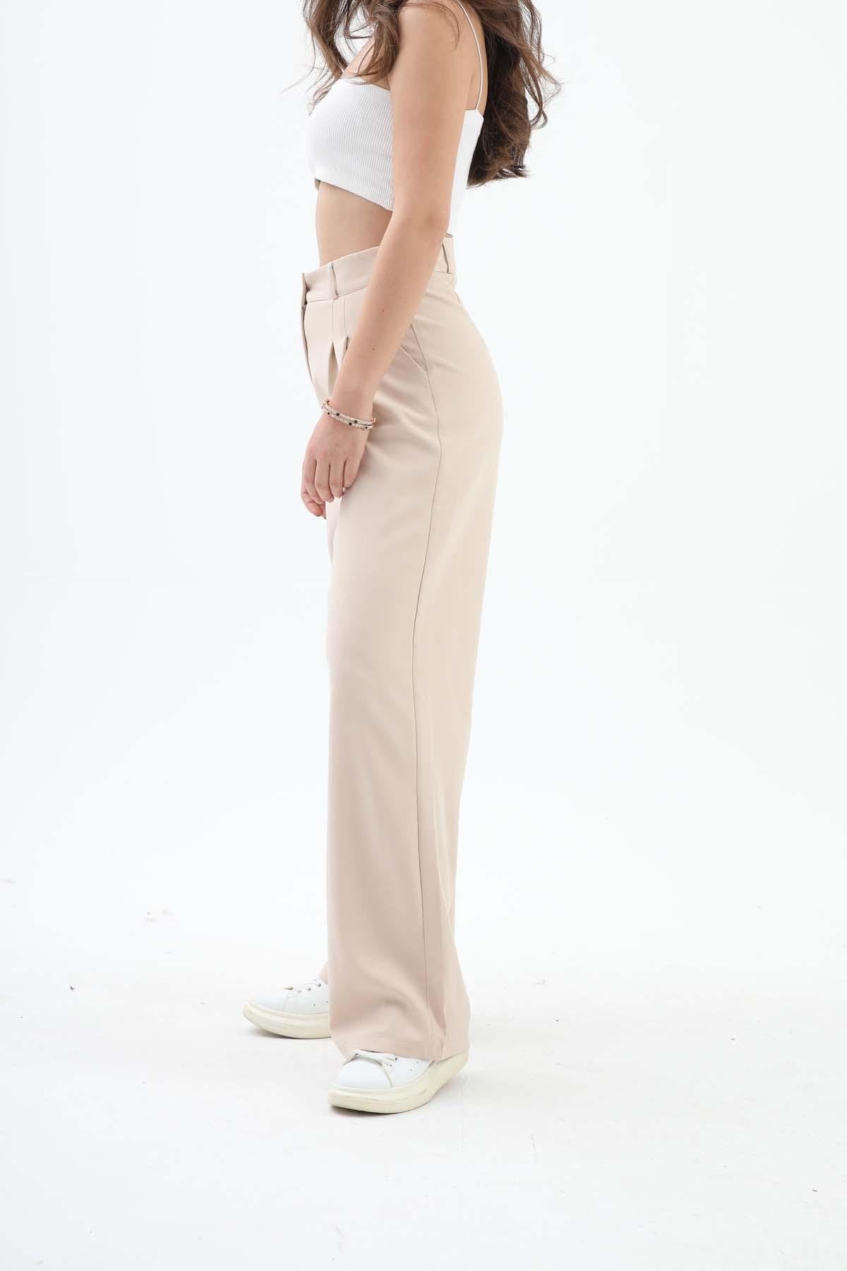 Women's Palazzo Fabric Trousers - Beige - STREETMODE™