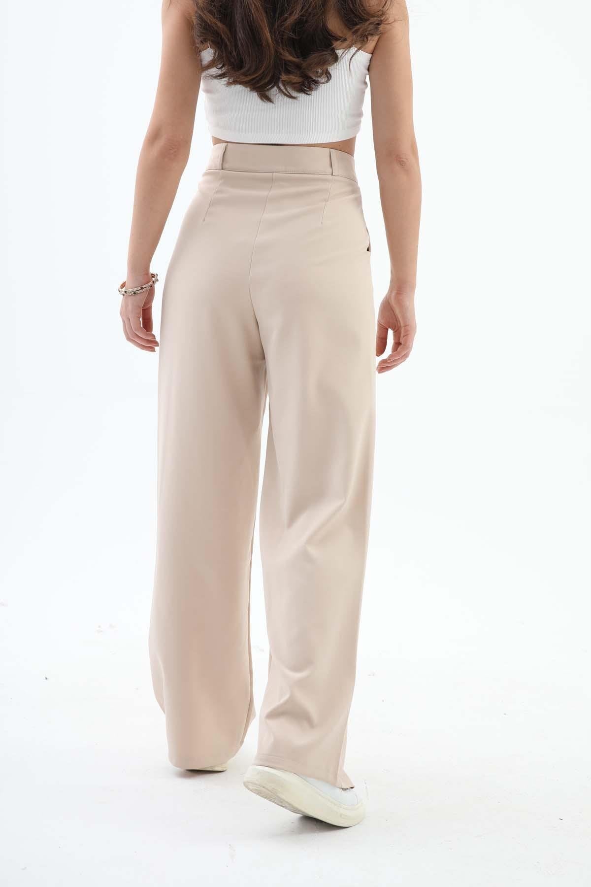 Women's Palazzo Fabric Trousers - Beige - STREETMODE™