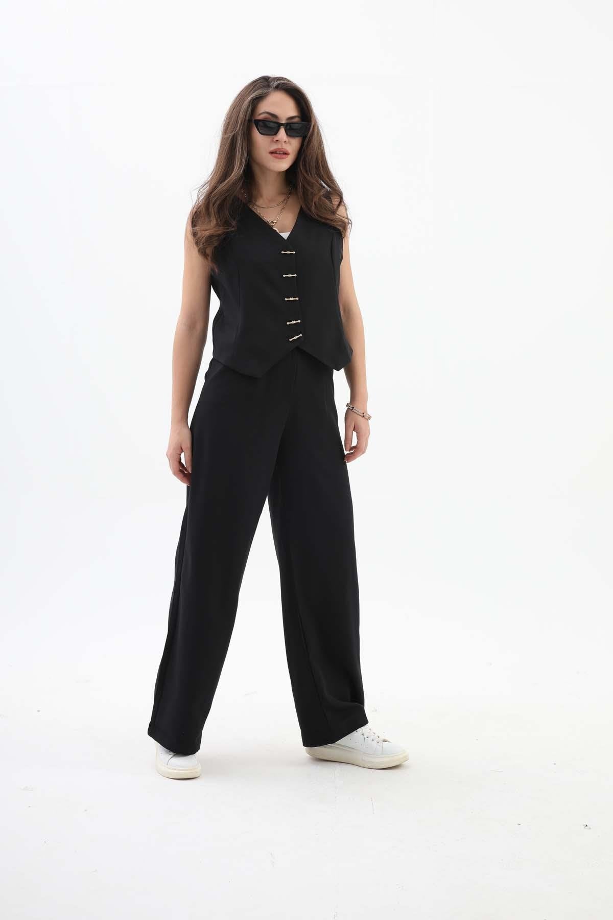 Women's Palazzo Fabric Trousers - Black - STREETMODE™