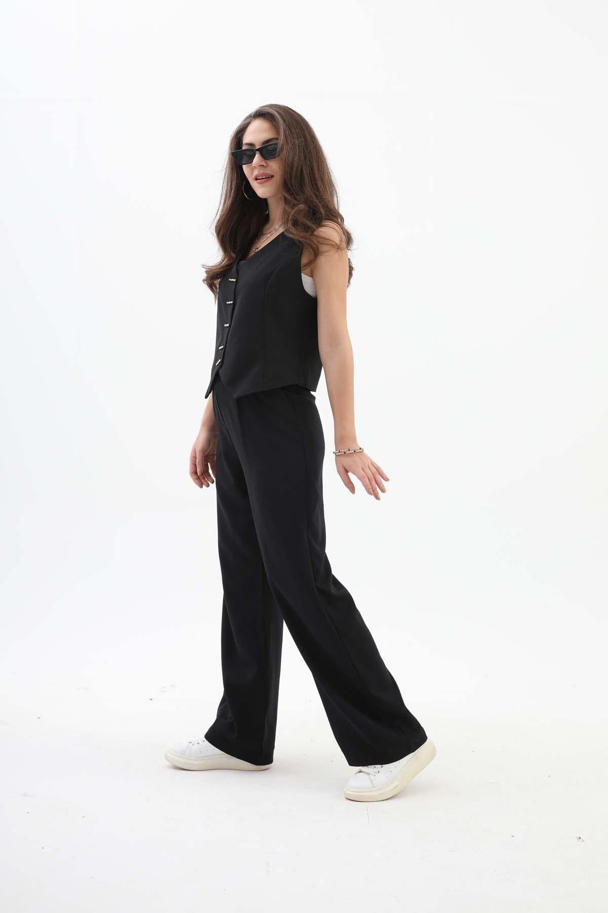 Women's Palazzo Fabric Trousers - Black - STREETMODE™