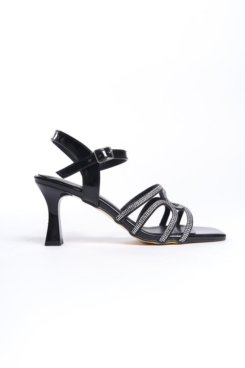 Women's Patent Leather Black Thin Heel Stone Sandals 8 cm Heel - STREETMODE™