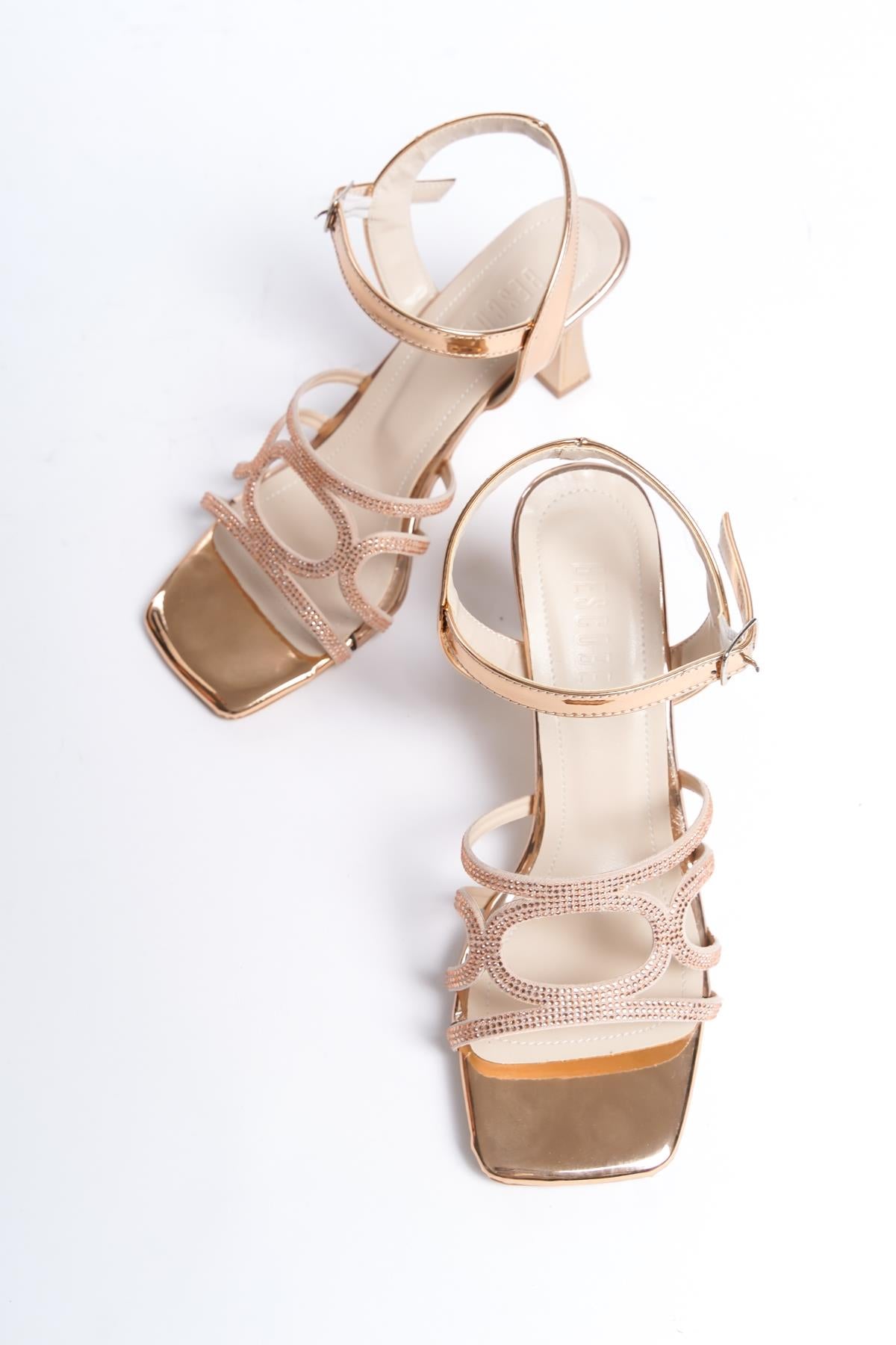 Women's Patent Leather Gold Thin Heel Stone Sandals 8 cm Heel - STREETMODE™