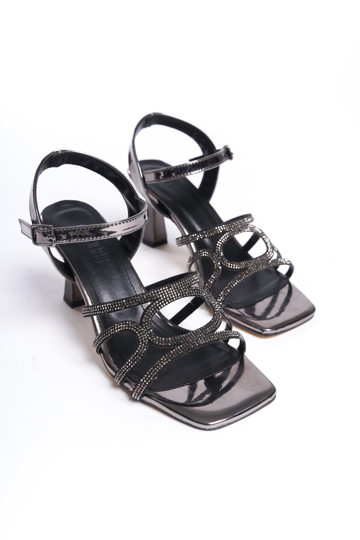 Women's Patent Leather Platinum Thin Heel Stone Sandals 8 cm Heel - STREETMODE™