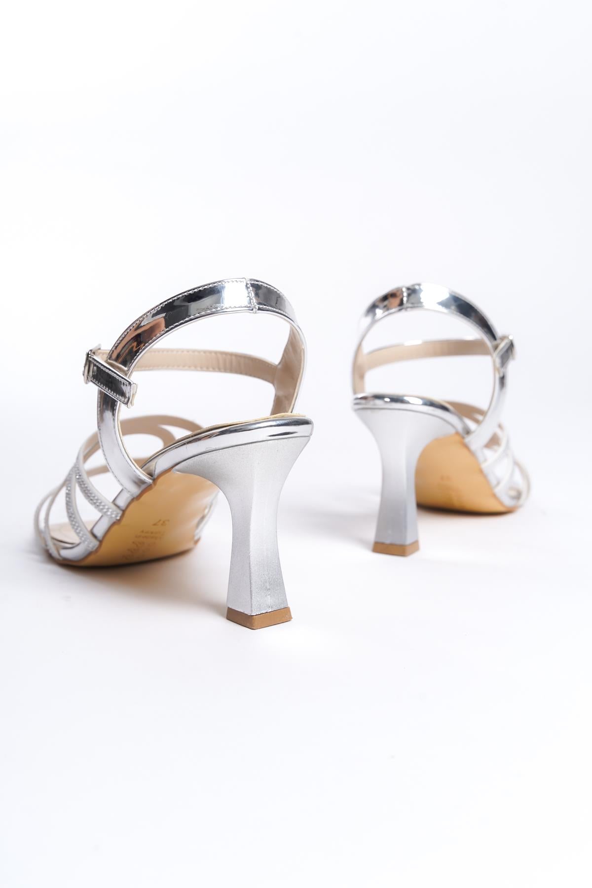 Women's Patent Leather Silver Thin Heel Stone Sandals 8 cm Heel - STREETMODE™