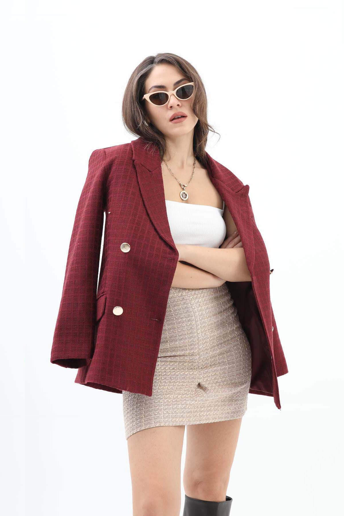 Women's Pattern Double Breasted Chanel Jacket - Claret Red - STREETMODE™