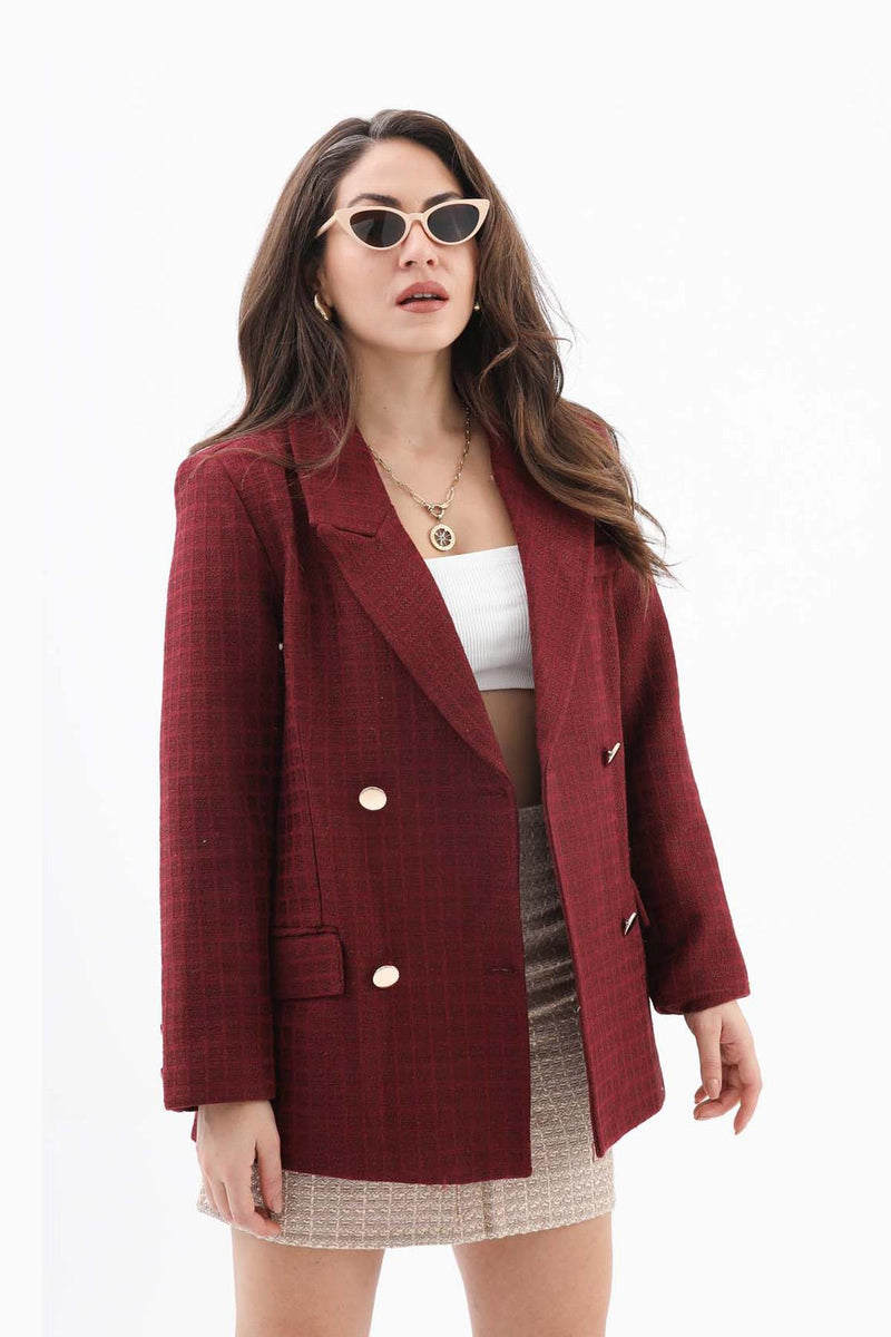 Women's Pattern Double Breasted Chanel Jacket - Claret Red - STREETMODE™