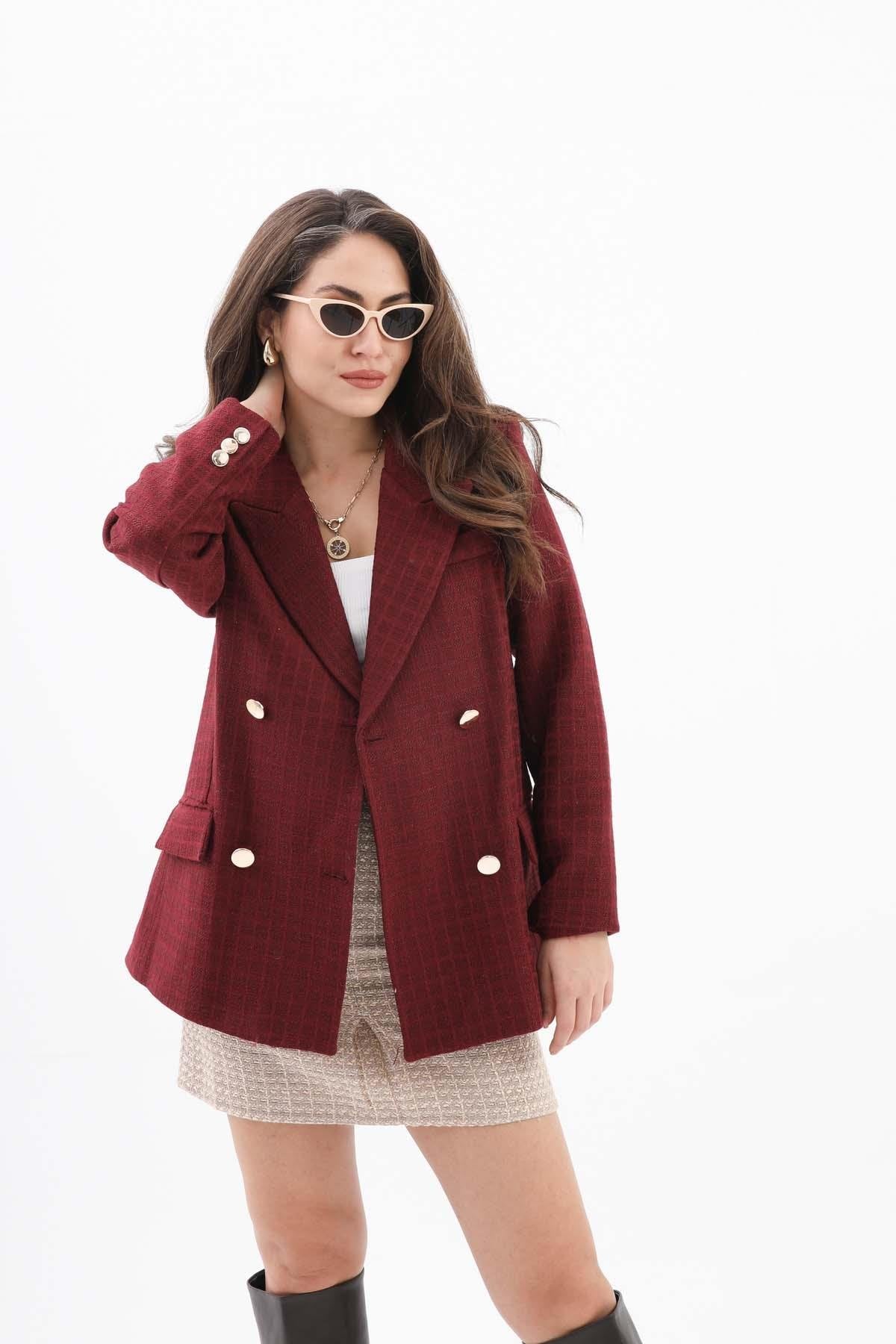 Women's Pattern Double Breasted Chanel Jacket - Claret Red - STREETMODE™