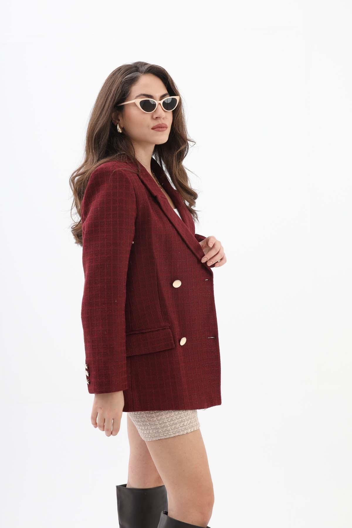 Women's Pattern Double Breasted Chanel Jacket - Claret Red - STREETMODE™