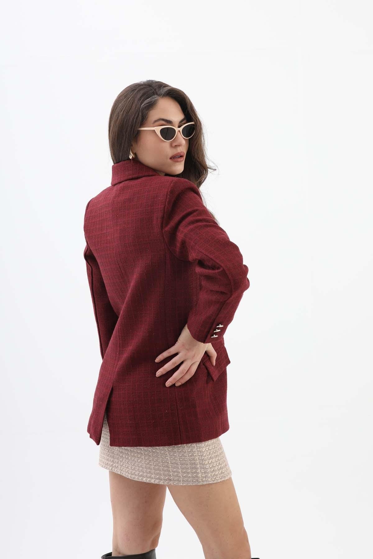 Women's Pattern Double Breasted Chanel Jacket - Claret Red - STREETMODE™