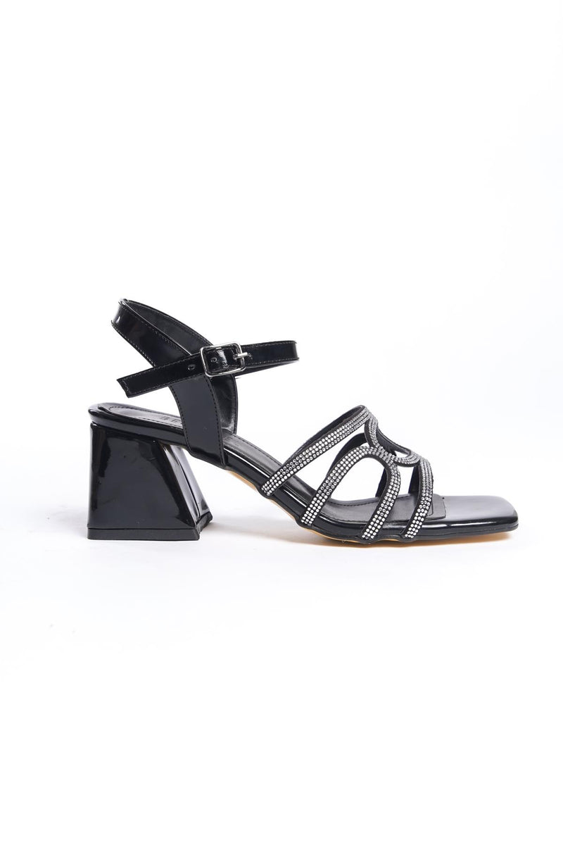 Women's Pedm Patent Leather Black Low Thick Heel Stone Sandals 5 cm - STREETMODE™