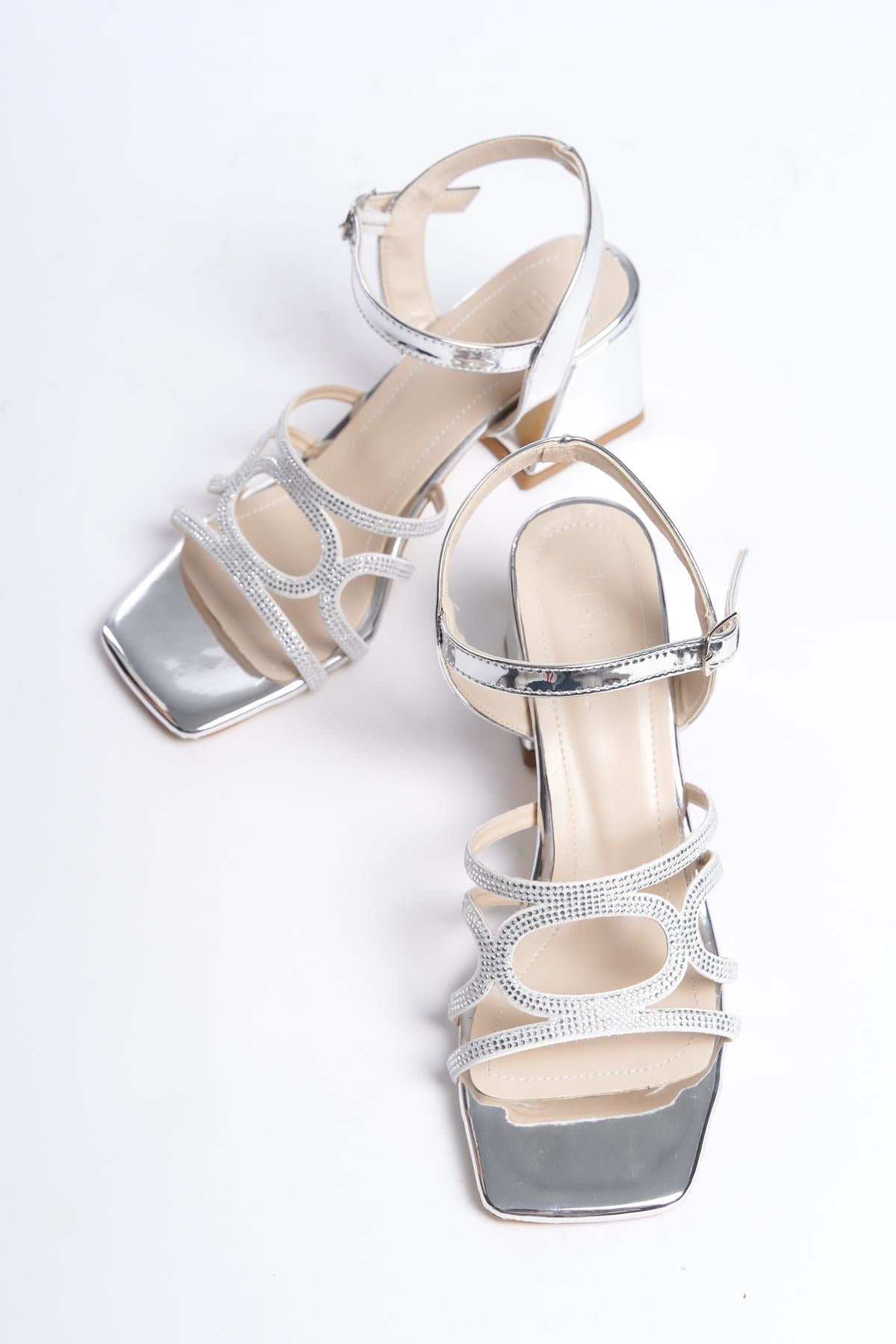 Women's Pedm Silver Low Thick Heel Stone Sandals 5 cm - STREETMODE™