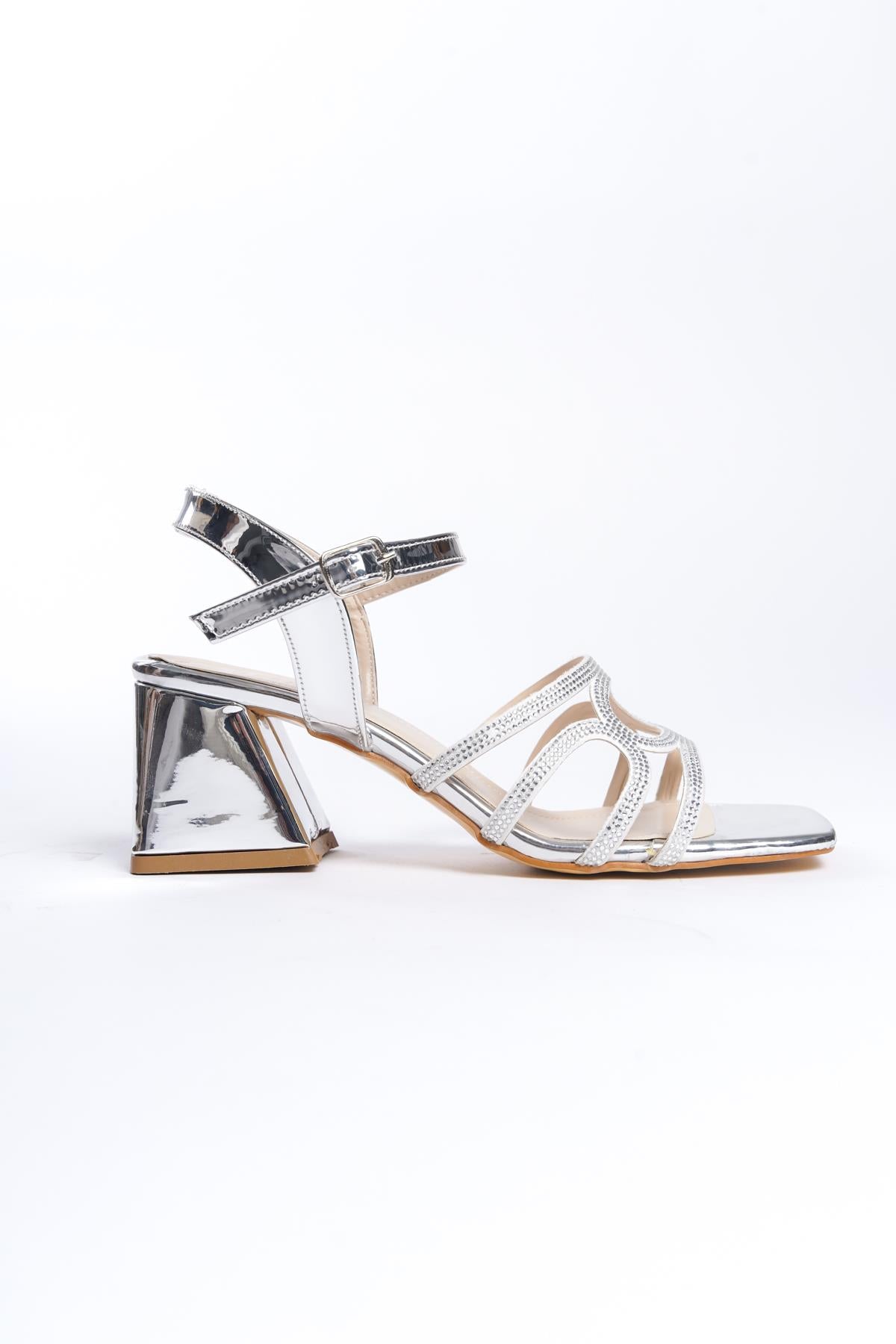 Women's Pedm Silver Low Thick Heel Stone Sandals 5 cm - STREETMODE™