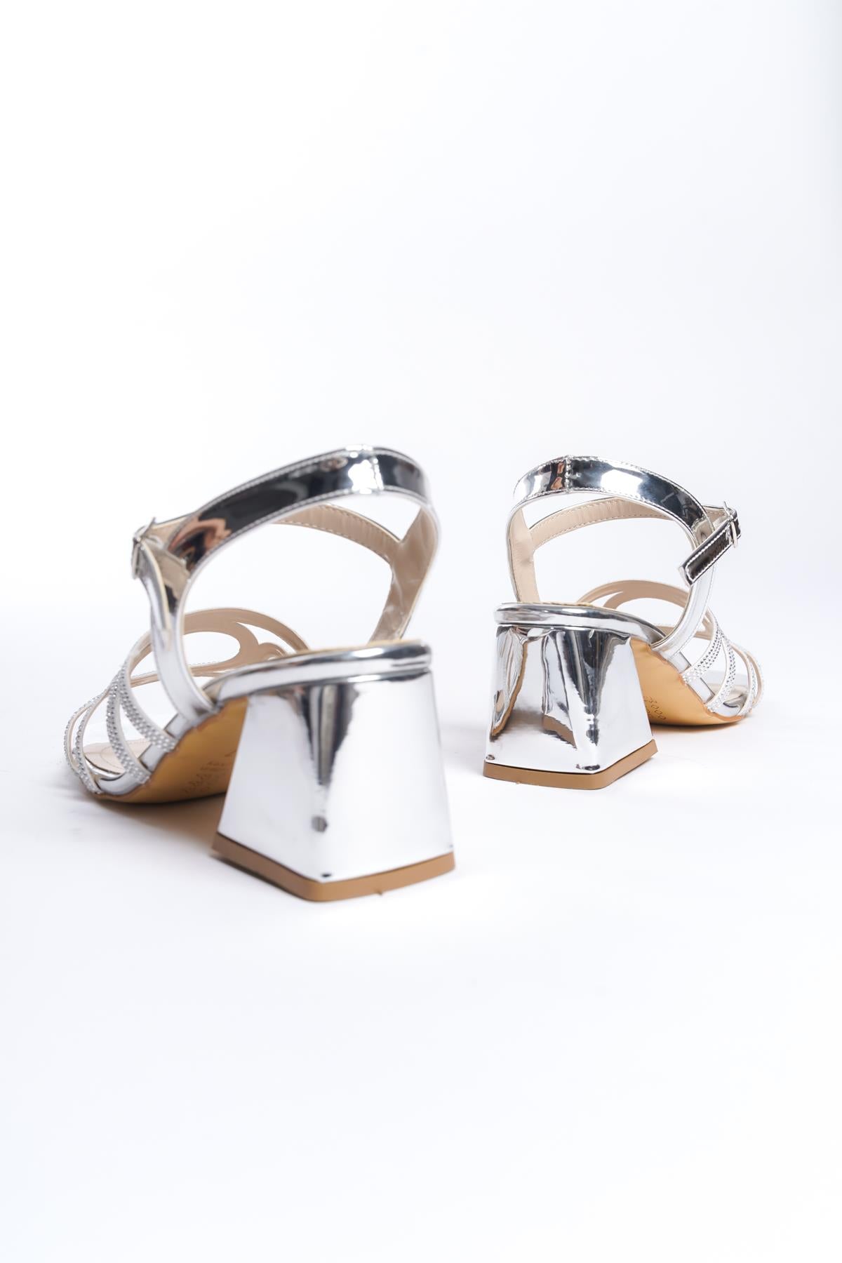 Women's Pedm Silver Low Thick Heel Stone Sandals 5 cm - STREETMODE™