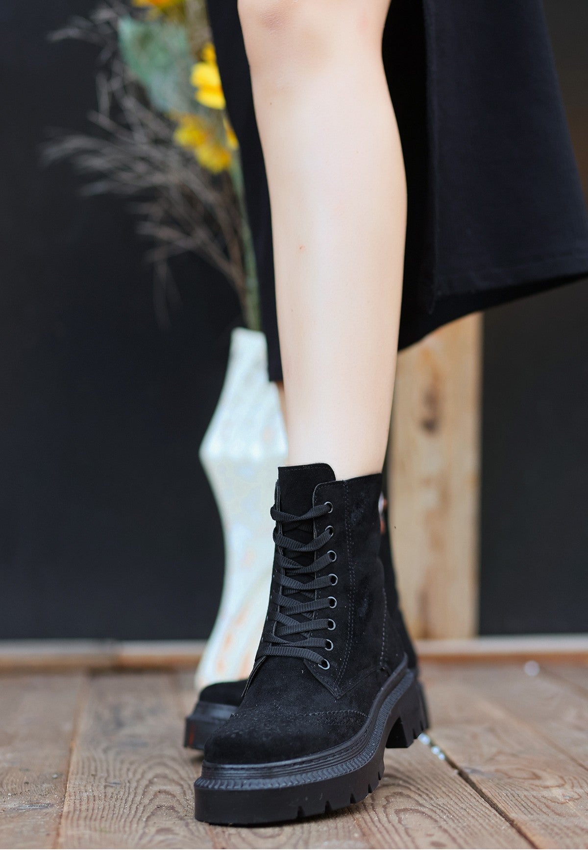 Women's Perf Black Suede Lace-Up Boots - STREETMODE™