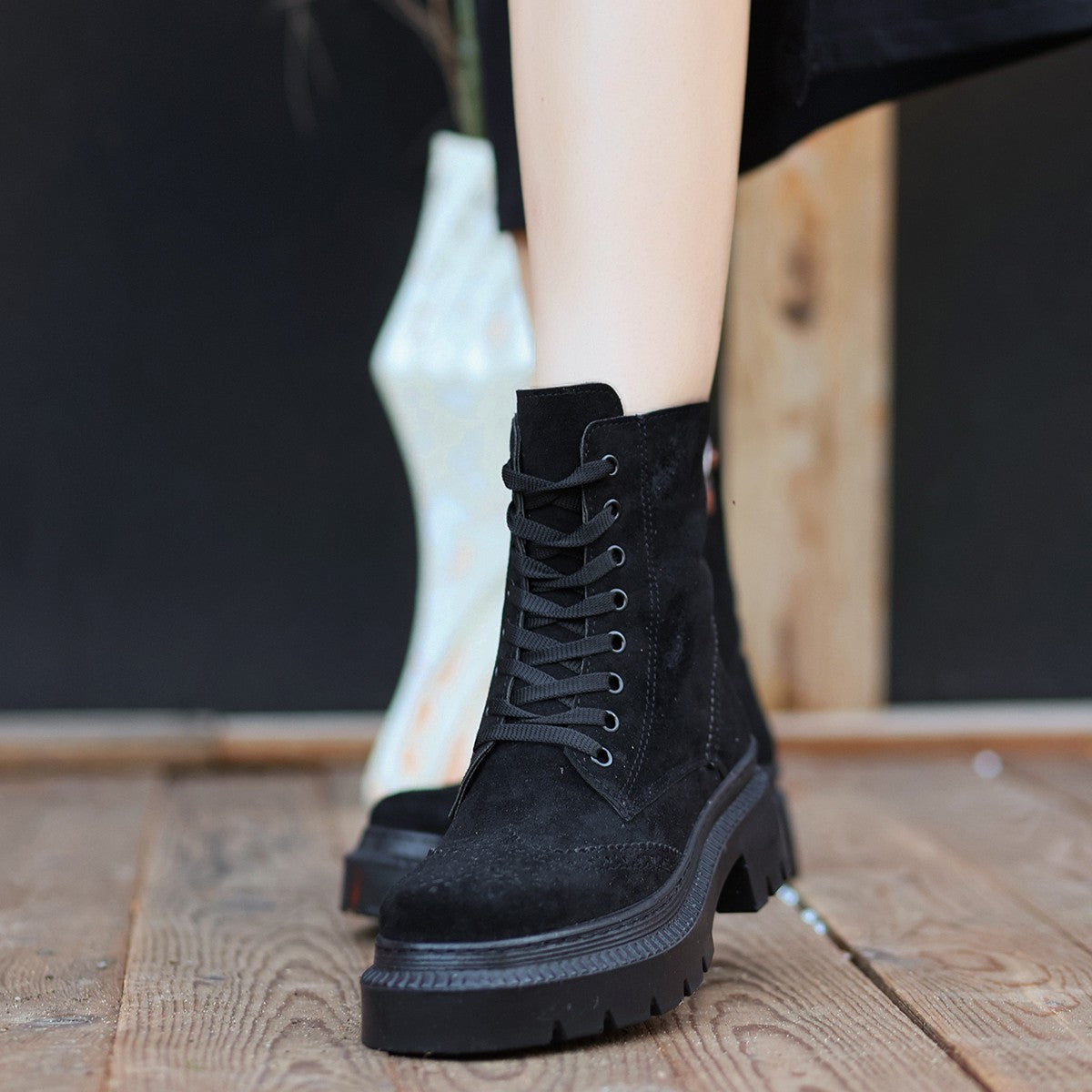 Women's Perf Black Suede Lace-Up Boots - STREETMODE™