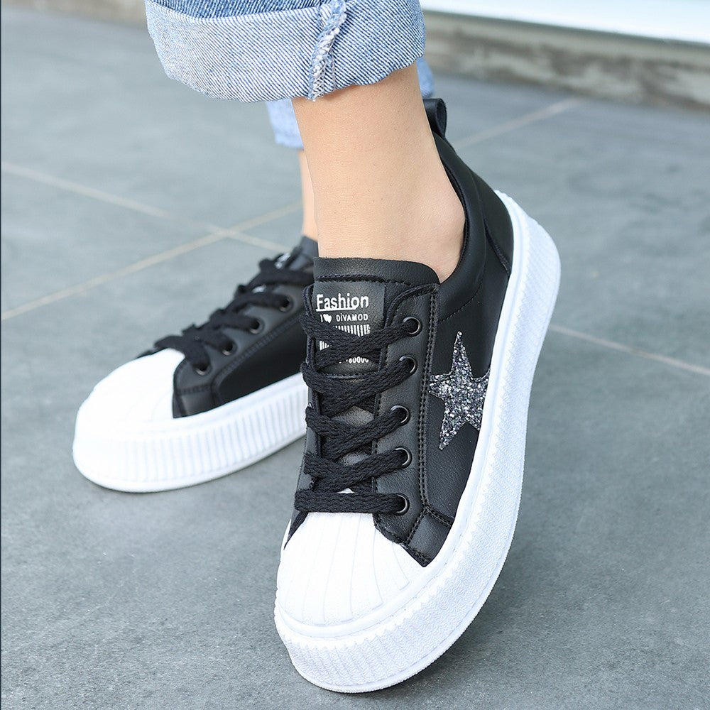 Women's Piata Black Skin White Sole Lace Up Sports Shoes - STREETMODE™