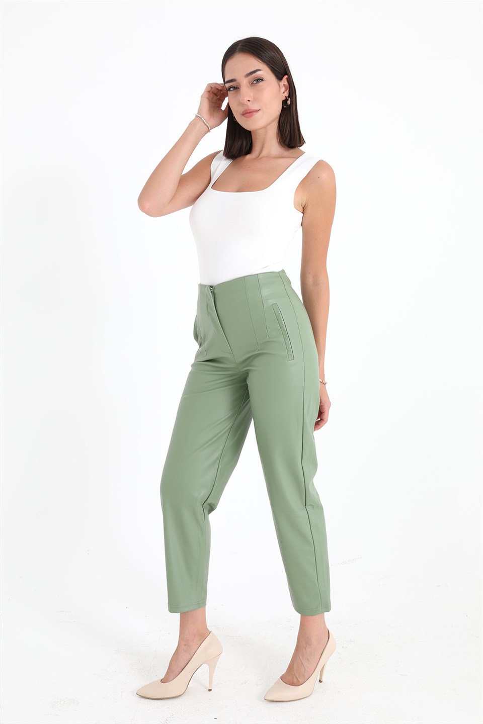 Women's Pleated High Waist Leather Trousers - Mint Green - STREETMODE™
