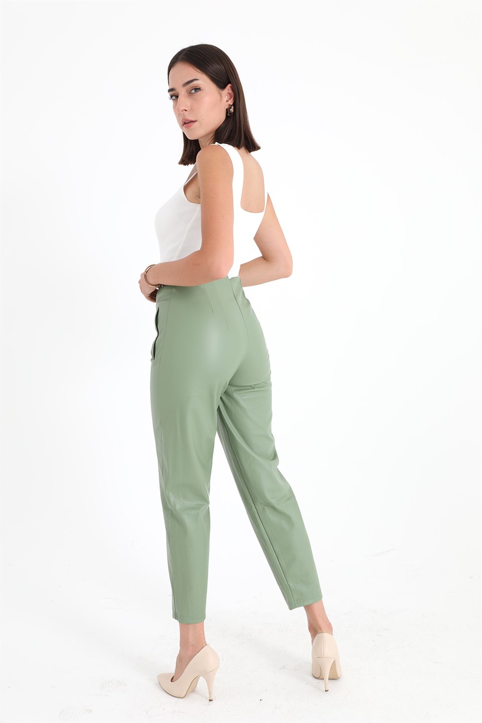 Women's Pleated High Waist Leather Trousers - Mint Green - STREETMODE™