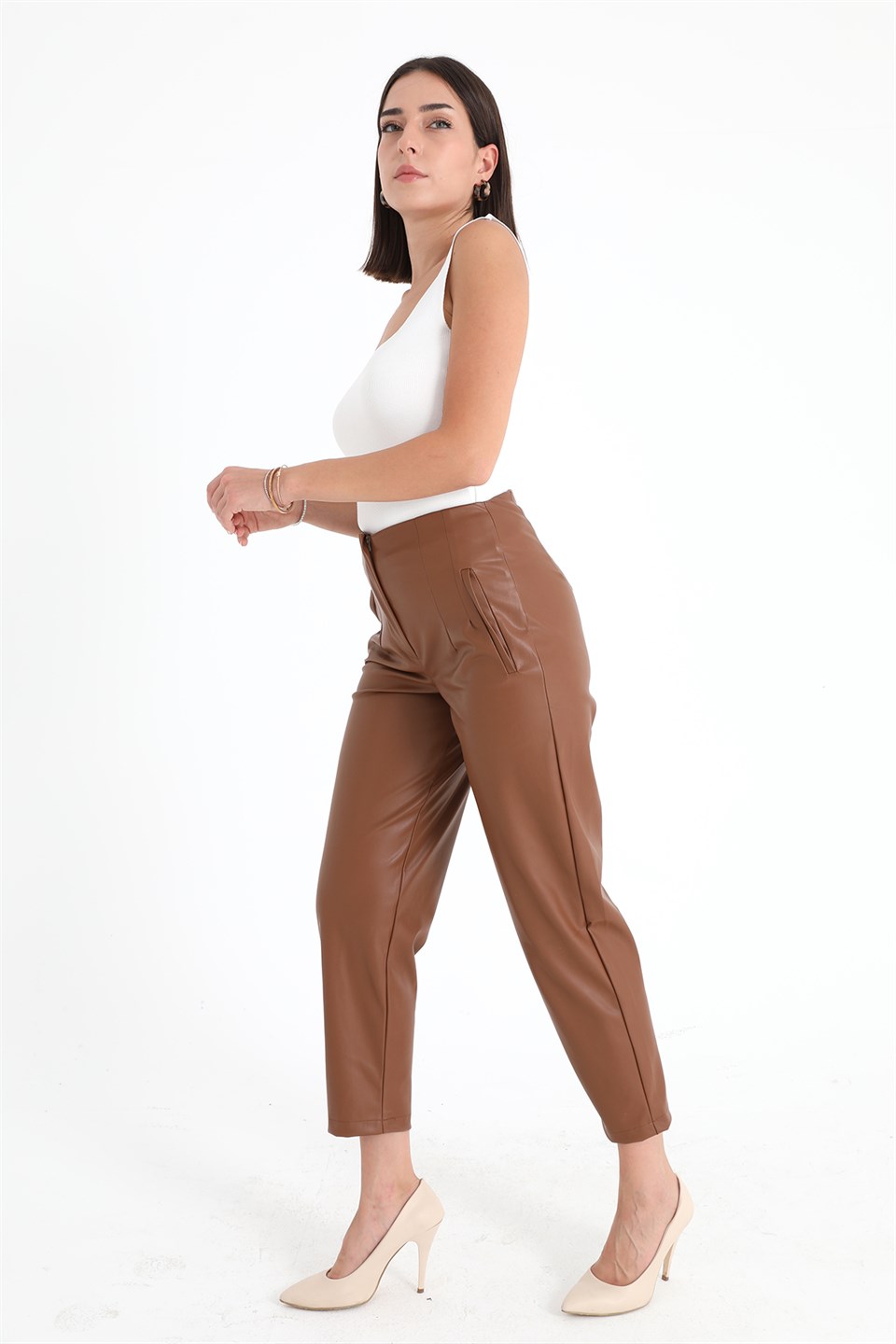 Women's Pleated High Waist Leather Trousers - Tan - STREETMODE™