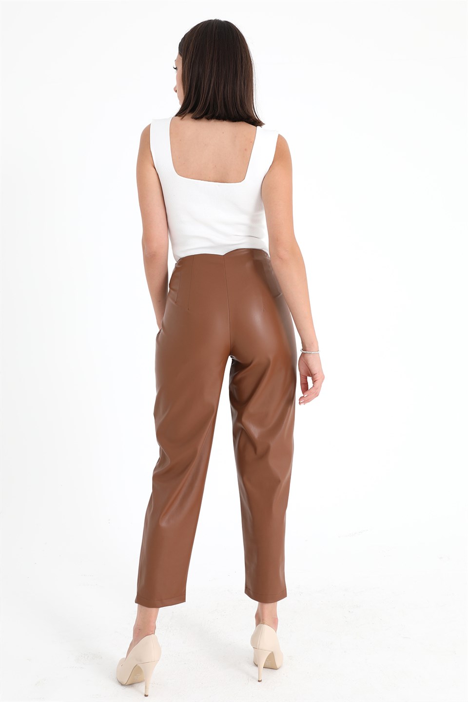Women's Pleated High Waist Leather Trousers - Tan - STREETMODE™