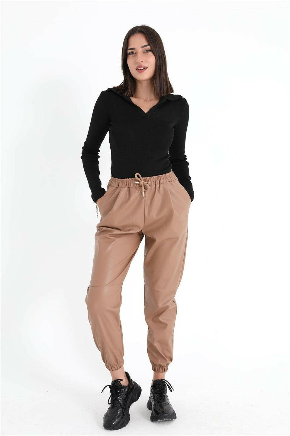 Women's Pleated Leather Pants with Elastic Waist and Elastic Legs - Camel - STREETMODE™ DE