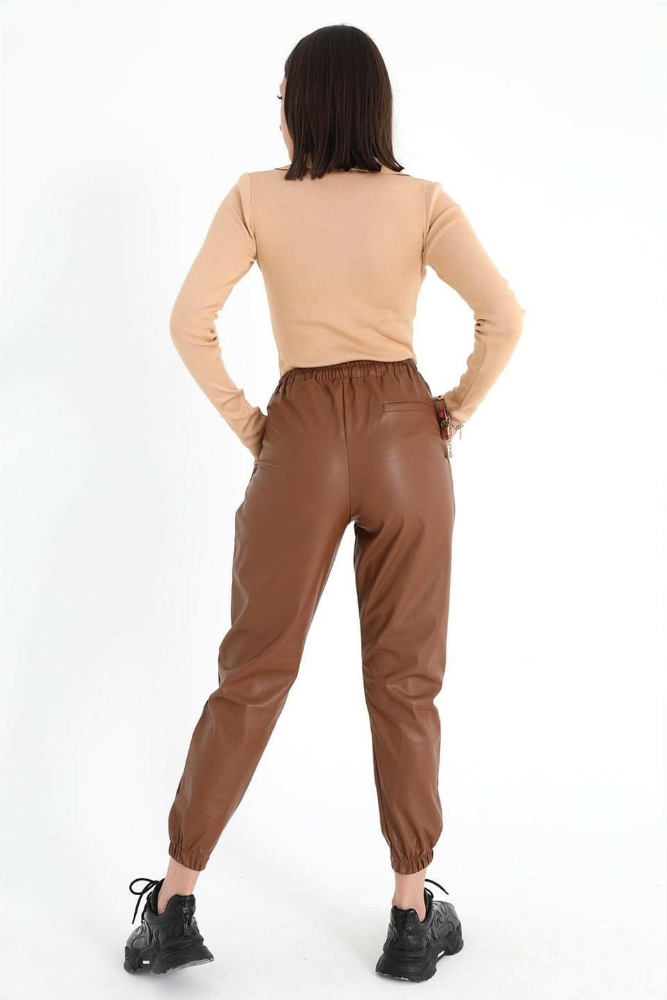 Women's Pleated Leather Pants with Elastic Waist and Elastic Legs - Tan - STREETMODE™ DE