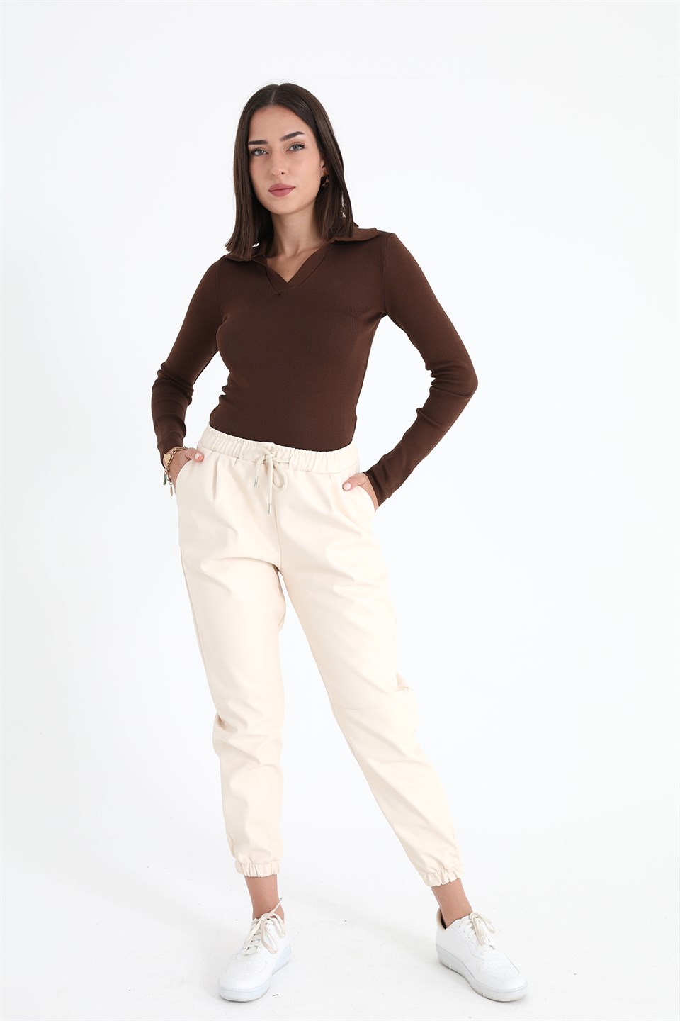 Women's Pleated Leather Pants with Elastic Waist and Legs - Ecru - STREETMODE™