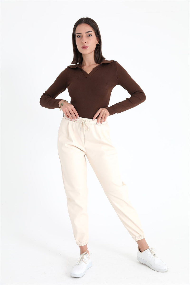 Women's Pleated Leather Pants with Elastic Waist and Legs - Ecru - STREETMODE™