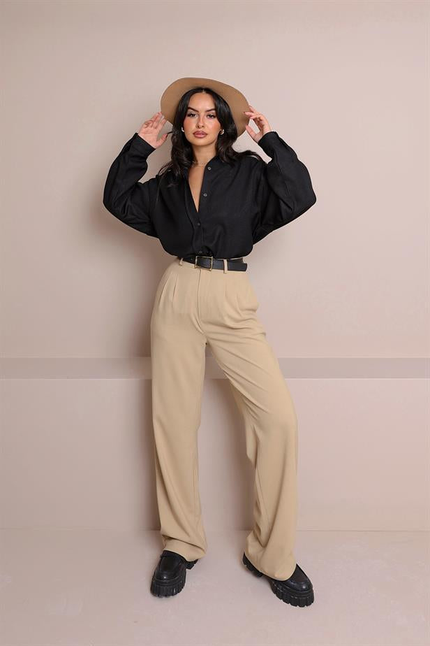 Women's Pleated Palazzo Trousers Beige - STREETMODE™