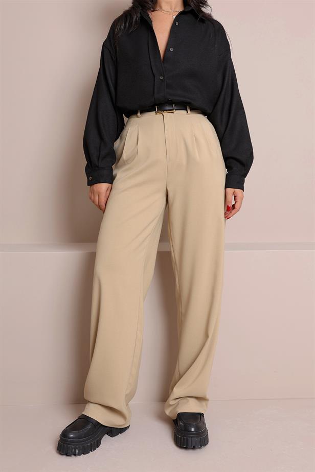 Women's Pleated Palazzo Trousers Beige - STREETMODE™