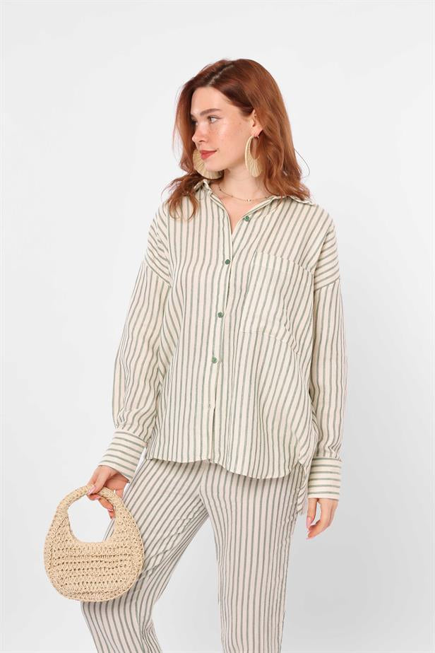 Women's Pocket Detailed Striped Shirt Beige Green - STREETMODE™