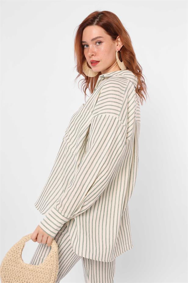 Women's Pocket Detailed Striped Shirt Beige Green - STREETMODE™