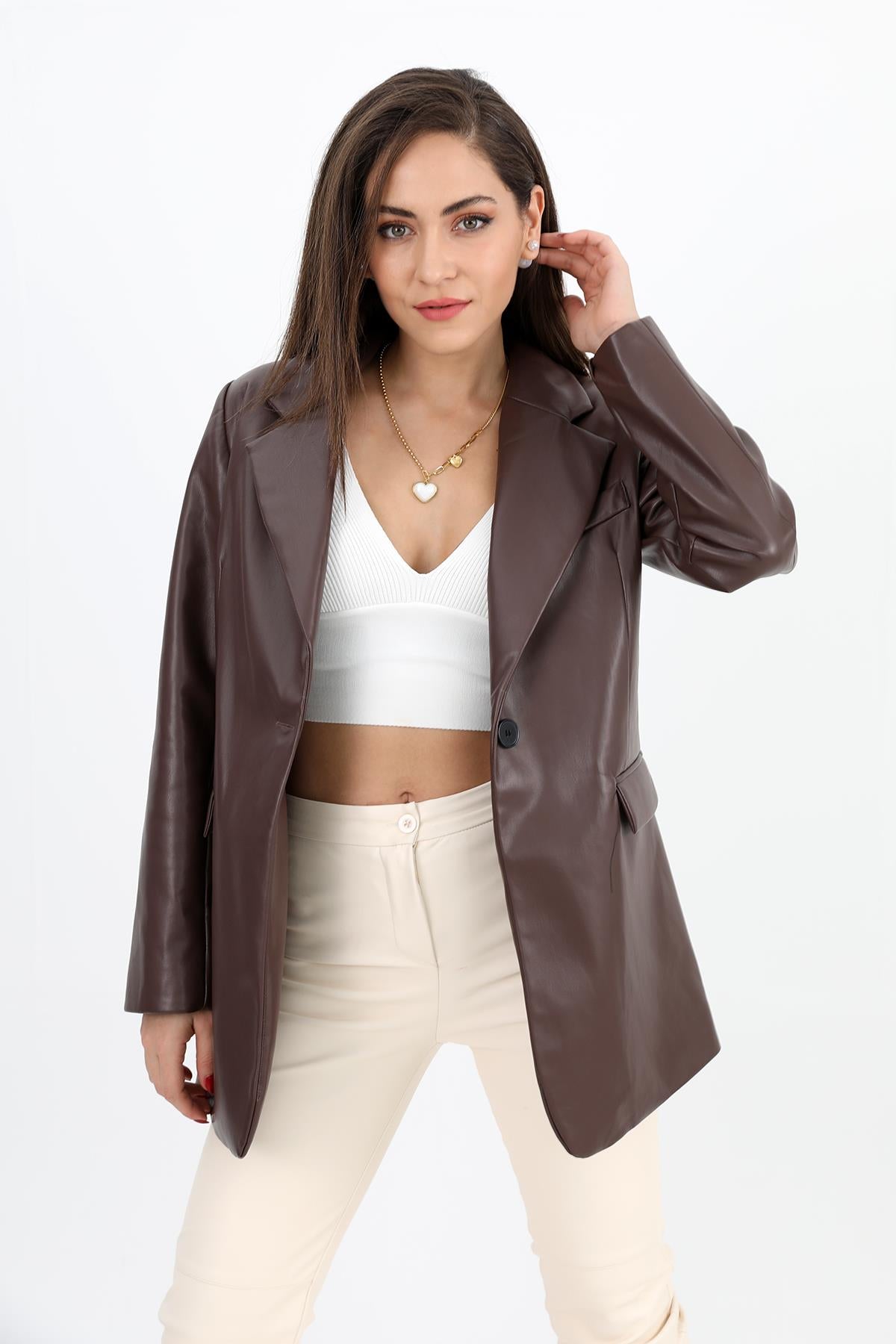 Women's Pocket Flap Leather Blazer Jacket with Padded Shoulders - Brown - STREETMODE™