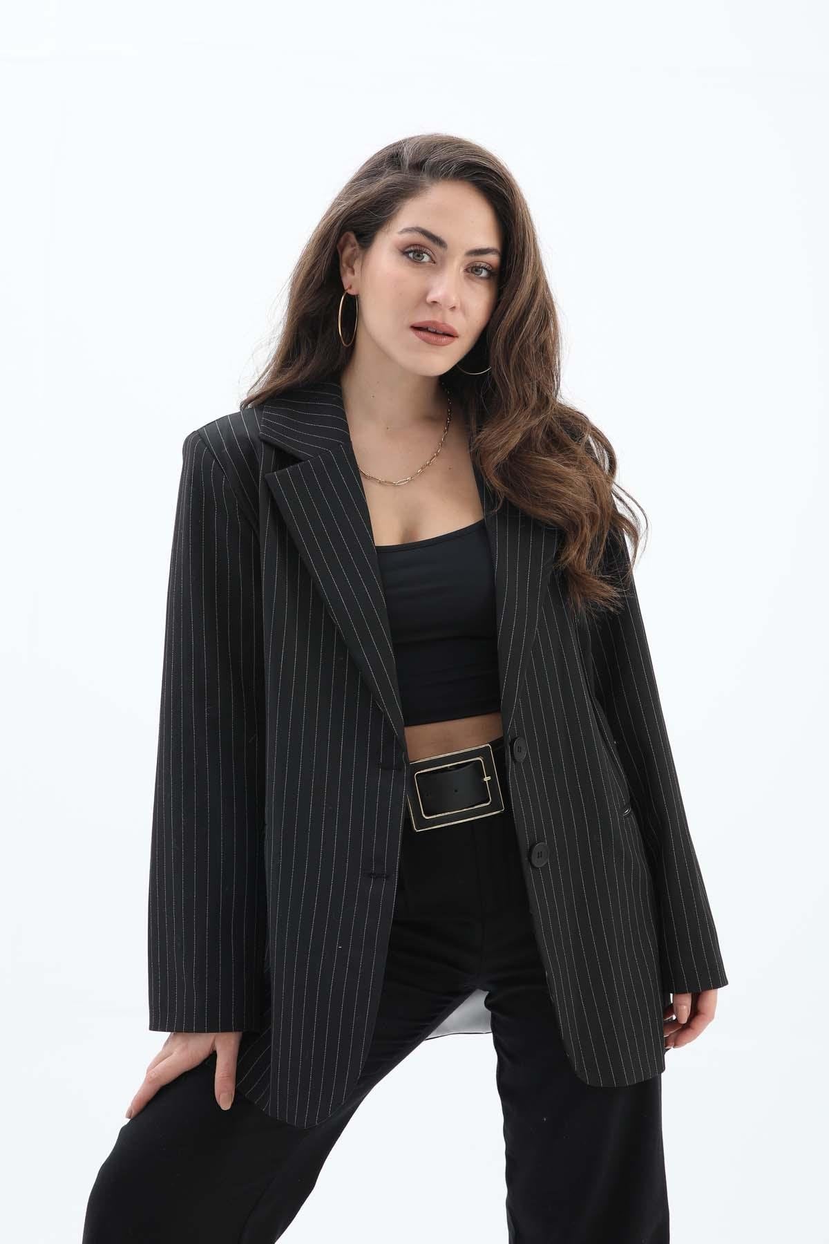 Women's Pocketed Narrow Striped Polyviscon Blazer Jacket - Black - STREETMODE™