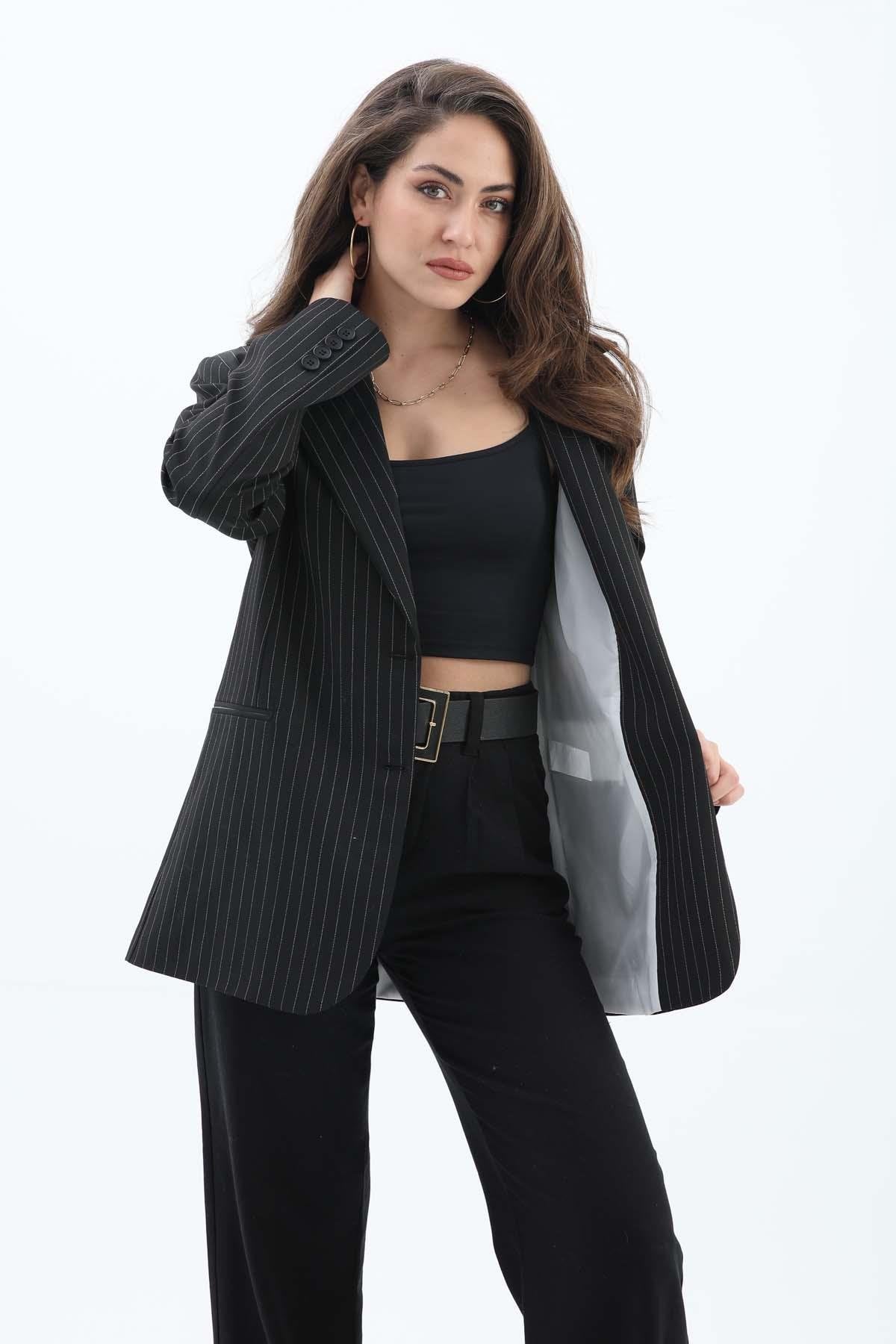 Women's Pocketed Narrow Striped Polyviscon Blazer Jacket - Black - STREETMODE™