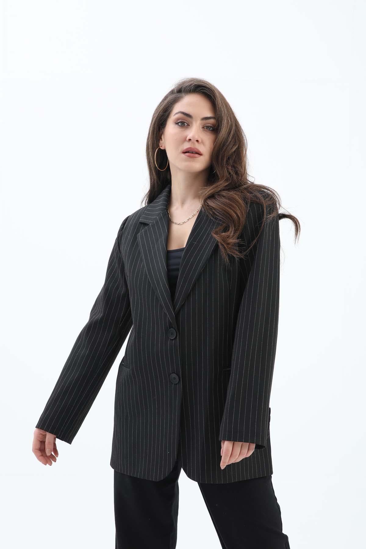 Women's Pocketed Narrow Striped Polyviscon Blazer Jacket - Black - STREETMODE™