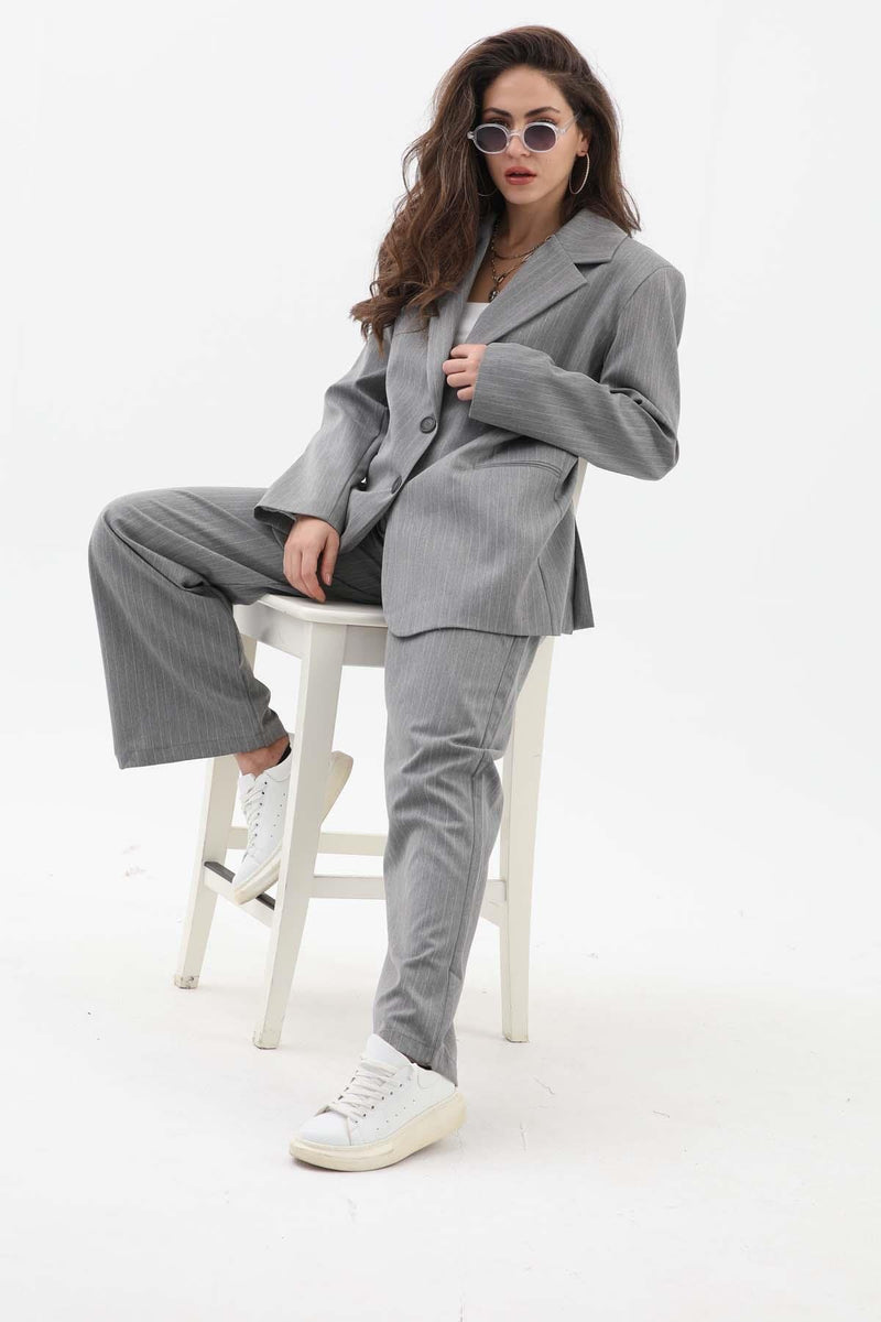 Women's Pocketed Narrow Striped Polyviscon Blazer Jacket - Gray - STREETMODE™