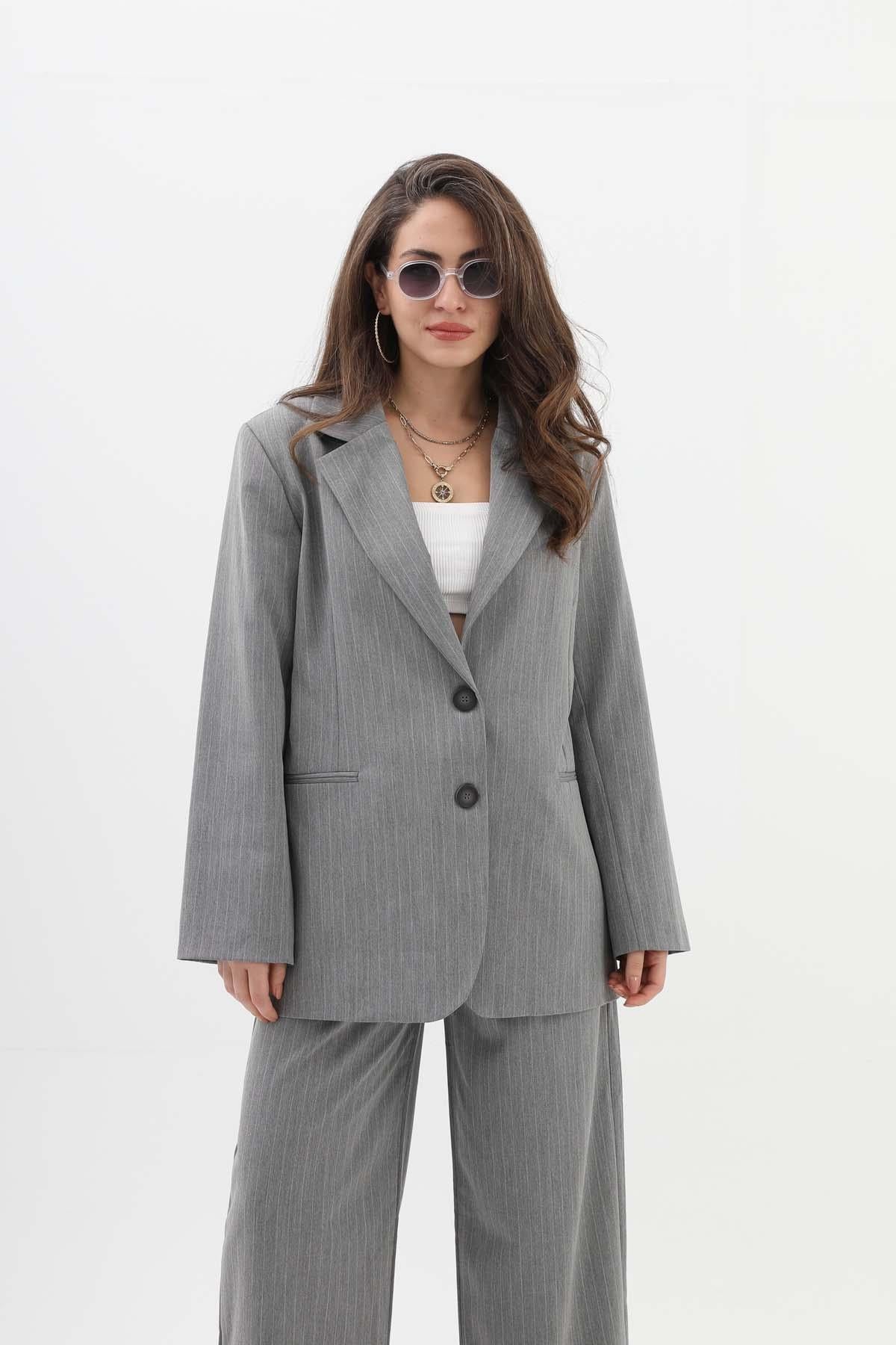 Women's Pocketed Narrow Striped Polyviscon Blazer Jacket - Gray - STREETMODE™